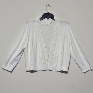 Charter Women Sweater Jacket XL White Cotton Blend Open Front Crochet Trim 526
